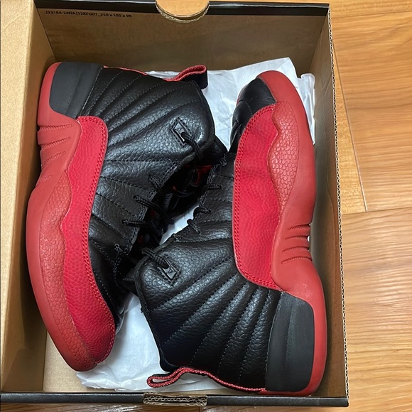 Jordan 12 Black and Red Kids Sneakers - Picture 1 of 7